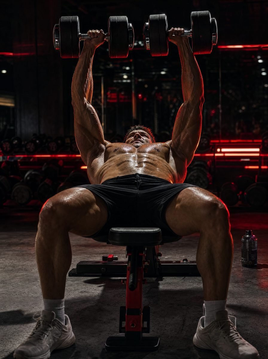 Athlete pressing dumbbells on the IGNIS bench